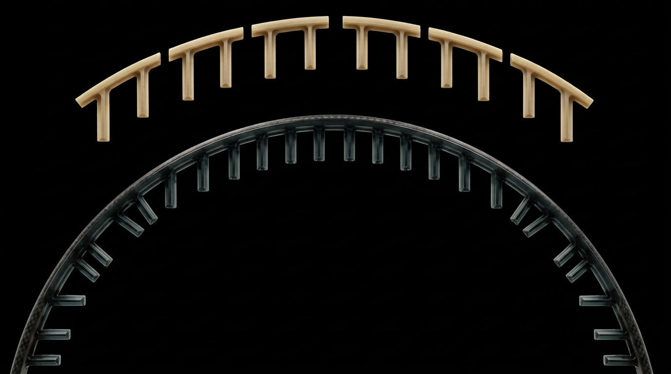 Rendered close-up of the String Rail crown with natural gold inserts and a dark smoke carrier above the black frame